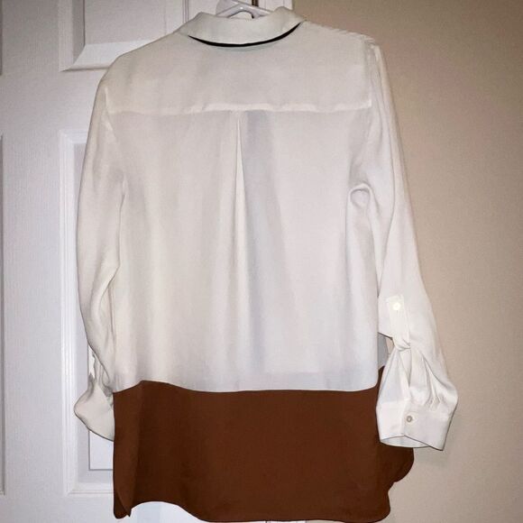 83. TalbotsāCream andĀ Tan Color Block Button Down Blouse L - Picture 4 of 6